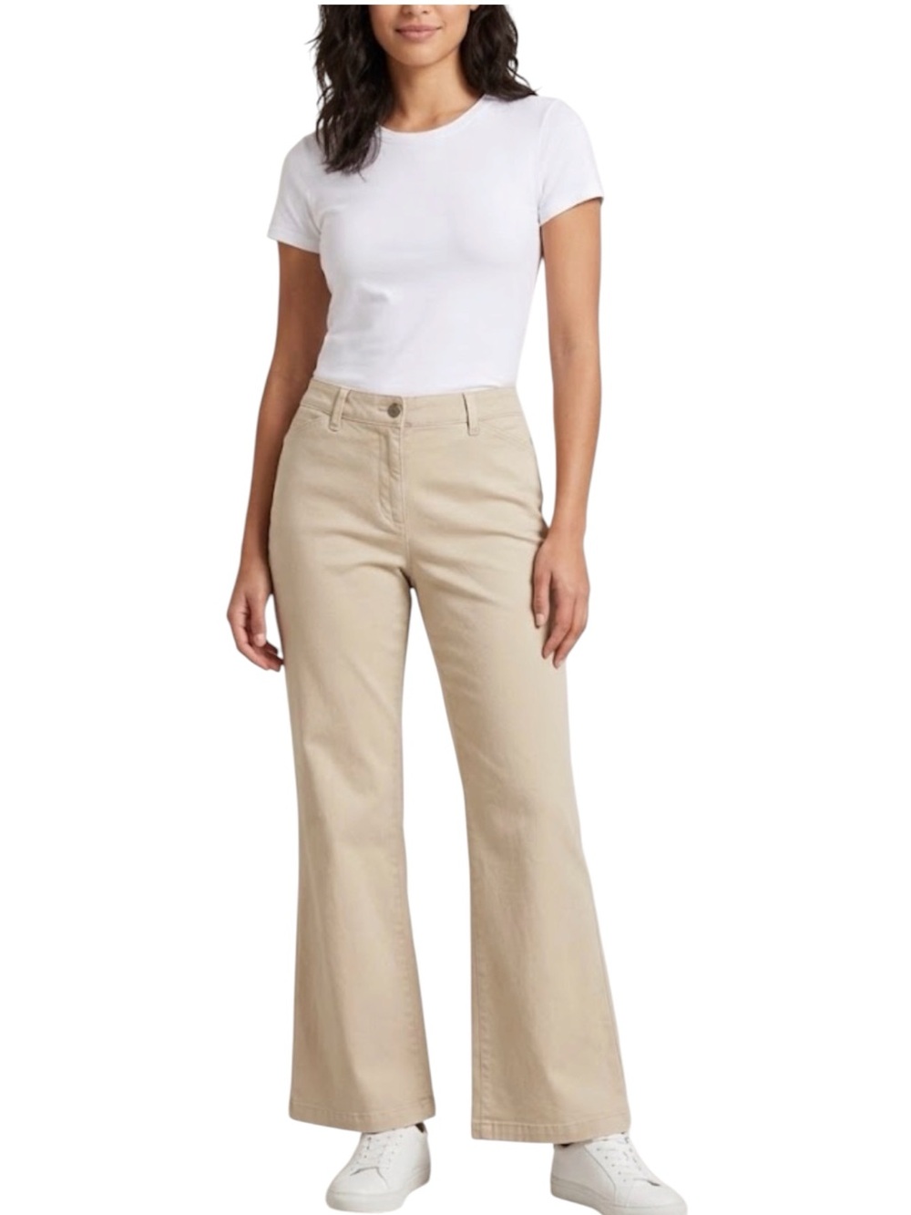 Women’s Wide Leg Beige Chino Jeans Pants Size 14 Petite Fit Cotton Stretch